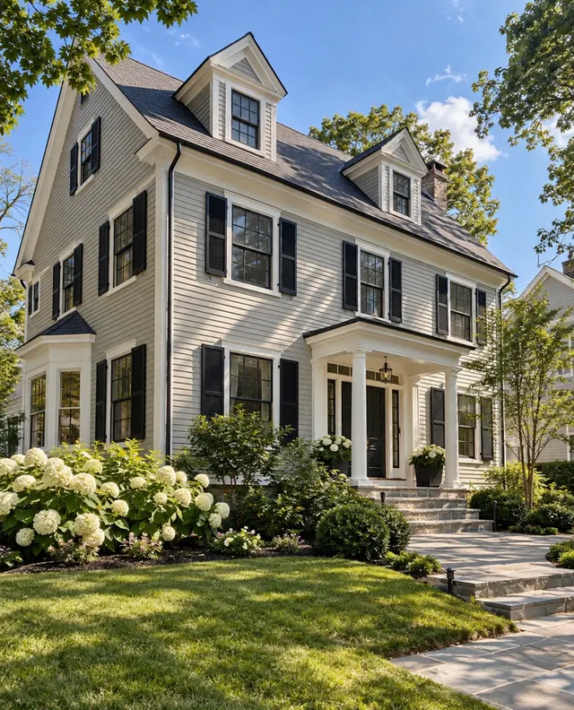 House exterior with gray siding, white trim and hydrangeas