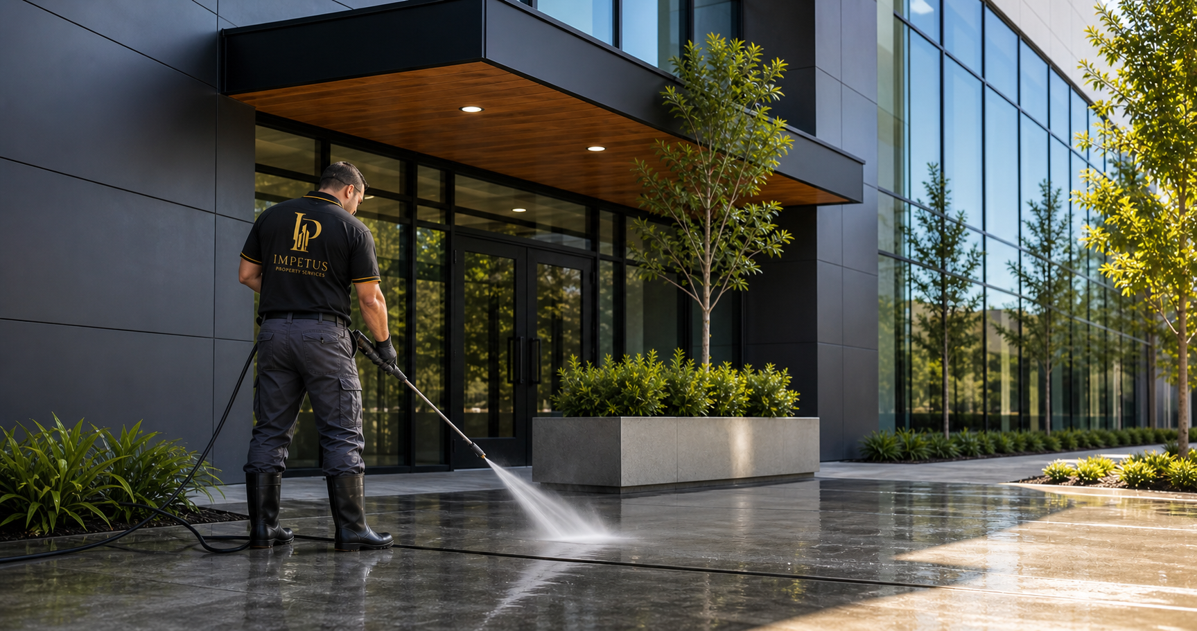 Exterior cleaning at a commercial building entrance