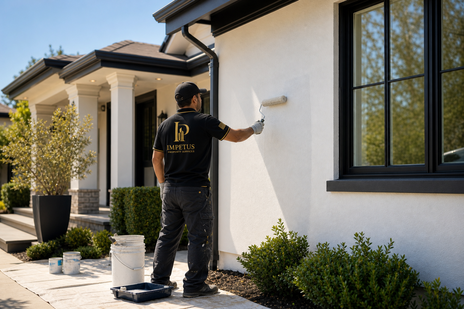 Exterior painting work on light-colored house siding